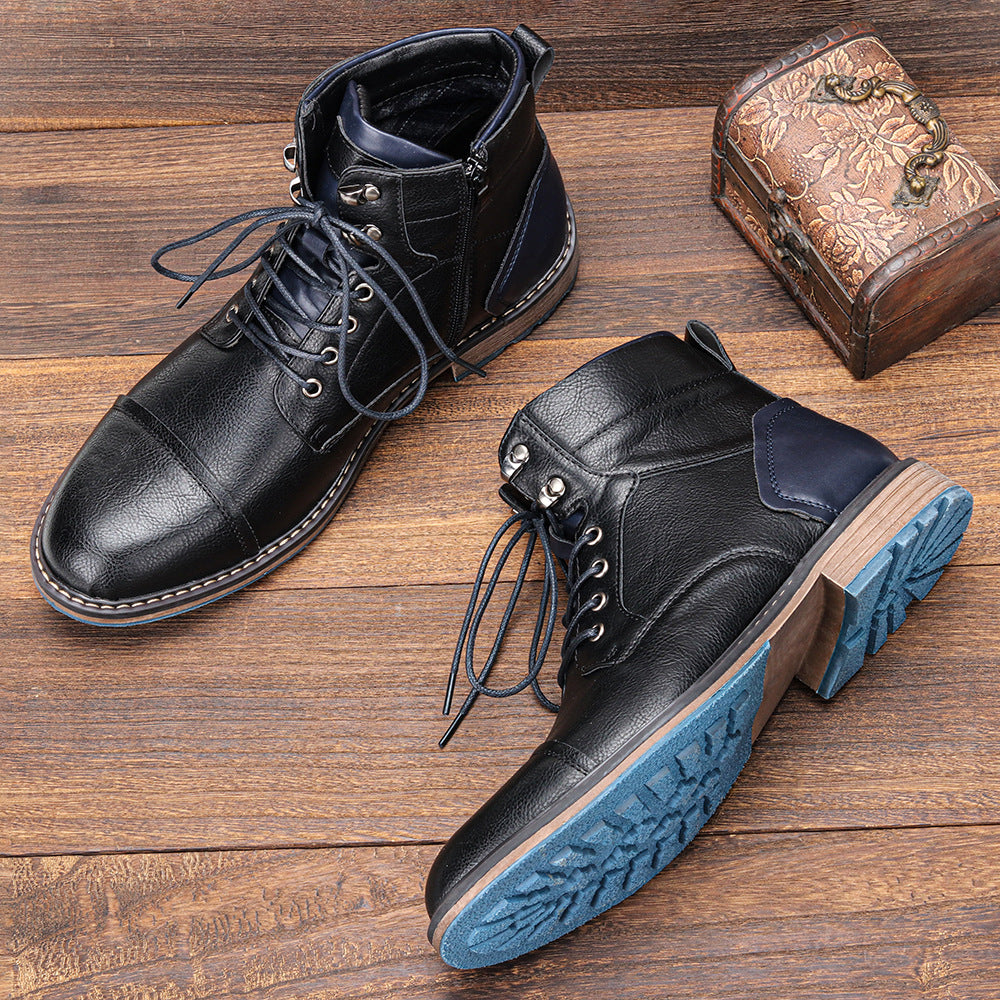 Men’s High-Top Leather Boots – Cap Toe – Lace-Up with Side Zip – Padded Ankle Support