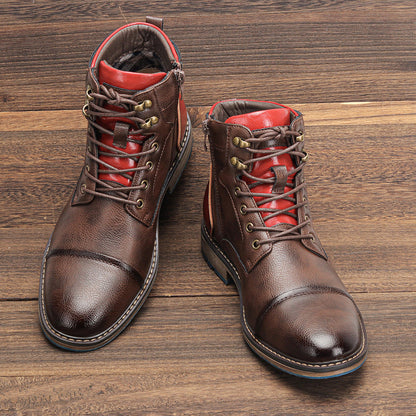 Men’s High-Top Leather Boots – Cap Toe – Lace-Up with Side Zip – Padded Ankle Support