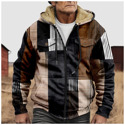 Men’s Hooded Jacket – Regular Fit – Sherpa Lined Hood – Full Zip – Geometric Print
