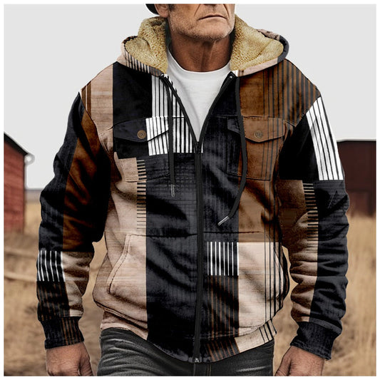 Men’s Hooded Jacket – Regular Fit – Sherpa Lined Hood – Full Zip – Geometric Print