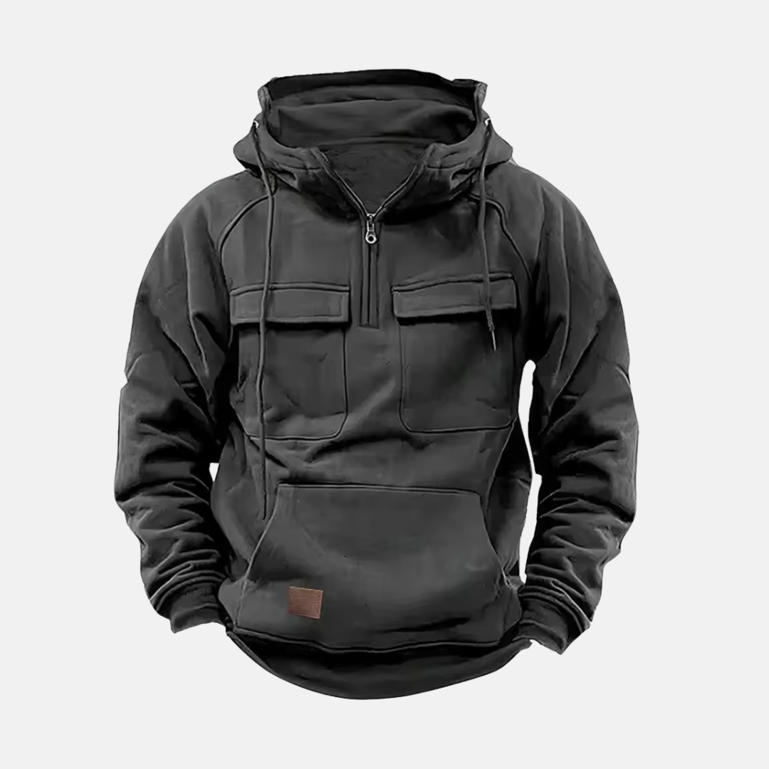 Men’s Hooded Jacket – Relaxed Fit – Leather Look – Half Zip – Multiple Pockets – Casual Style