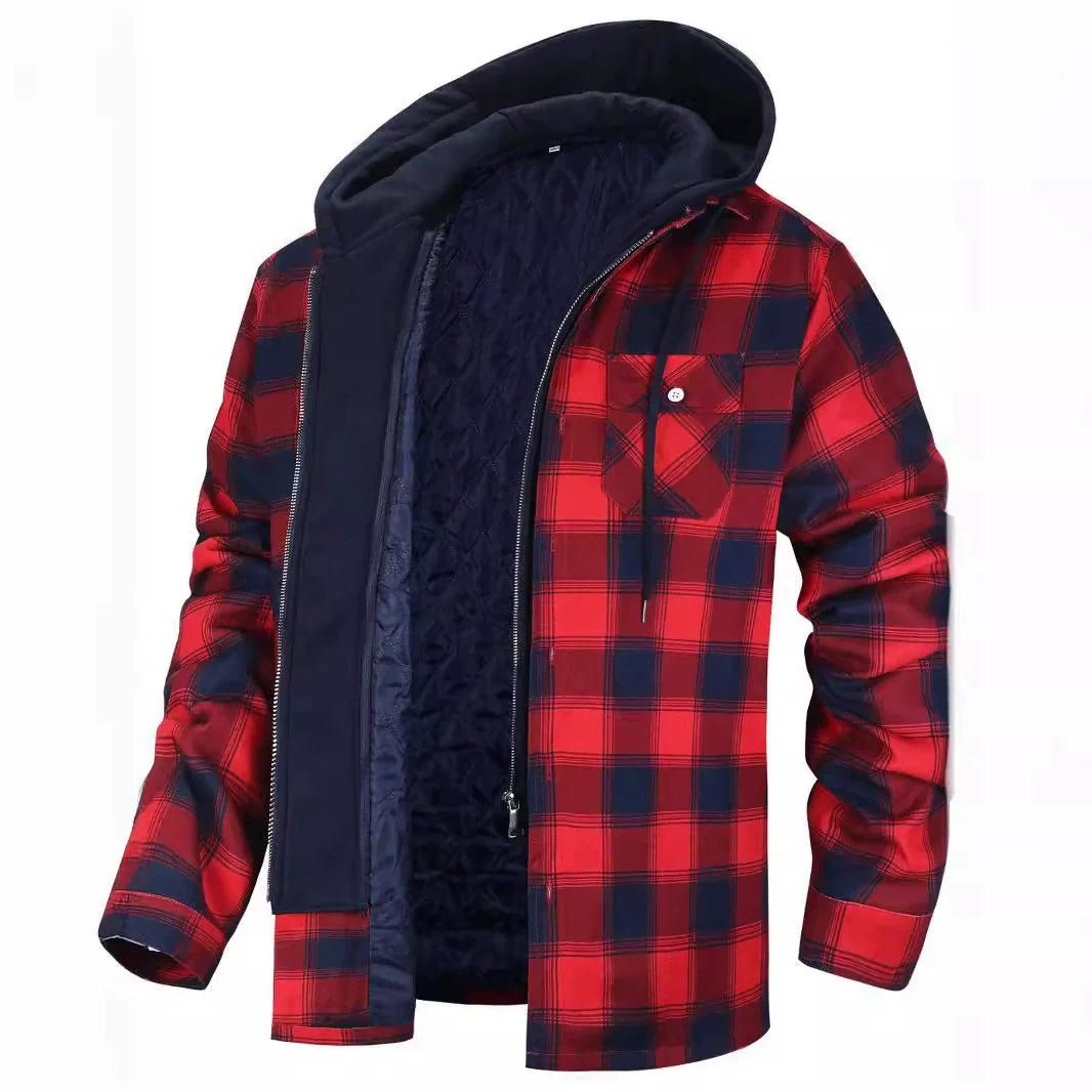 Men’s Jacket – Relaxed Fit – Plaid Pattern – Faux Layered – Sherpa Lined Hood