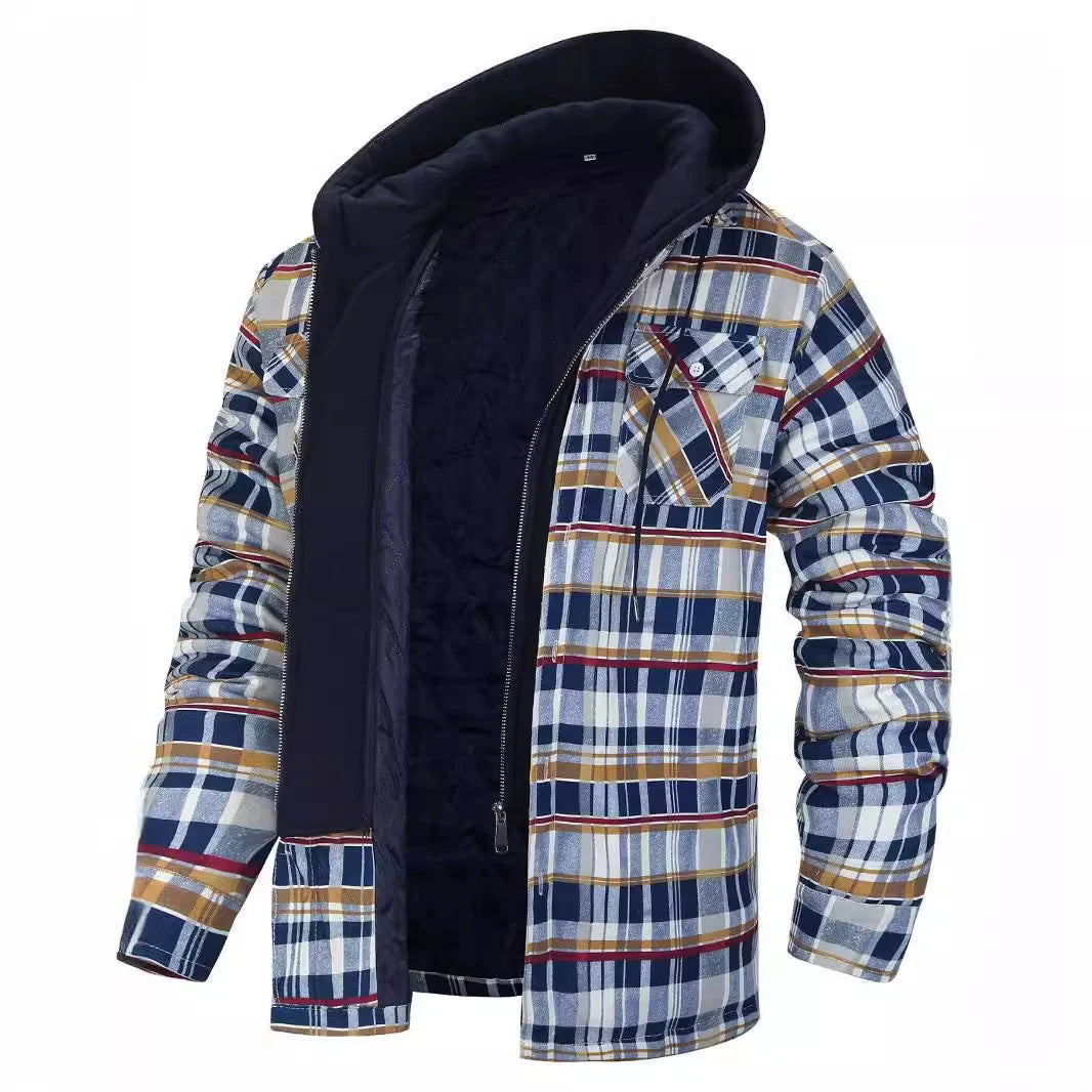 Men’s Jacket – Relaxed Fit – Plaid Pattern – Faux Layered – Sherpa Lined Hood