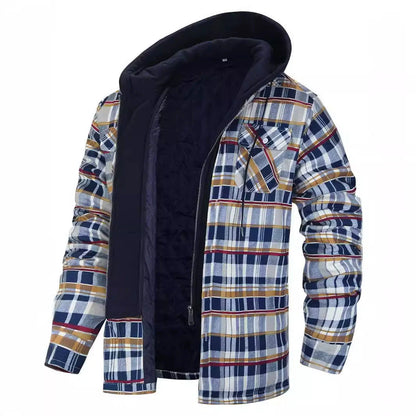 Men’s Jacket – Relaxed Fit – Plaid Pattern – Faux Layered – Sherpa Lined Hood