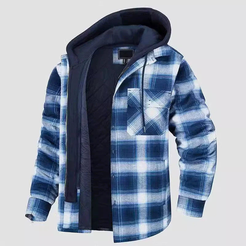 Men’s Jacket – Relaxed Fit – Plaid Pattern – Faux Layered – Sherpa Lined Hood