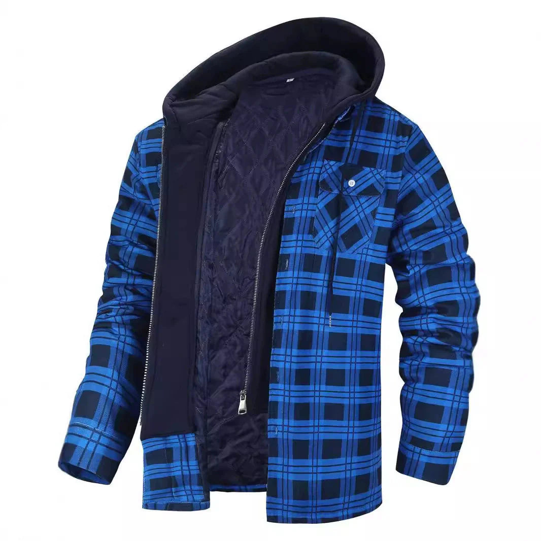 Men’s Jacket – Relaxed Fit – Plaid Pattern – Faux Layered – Sherpa Lined Hood