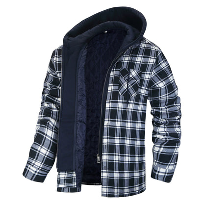 Men’s Jacket – Relaxed Fit – Plaid Pattern – Faux Layered – Sherpa Lined Hood