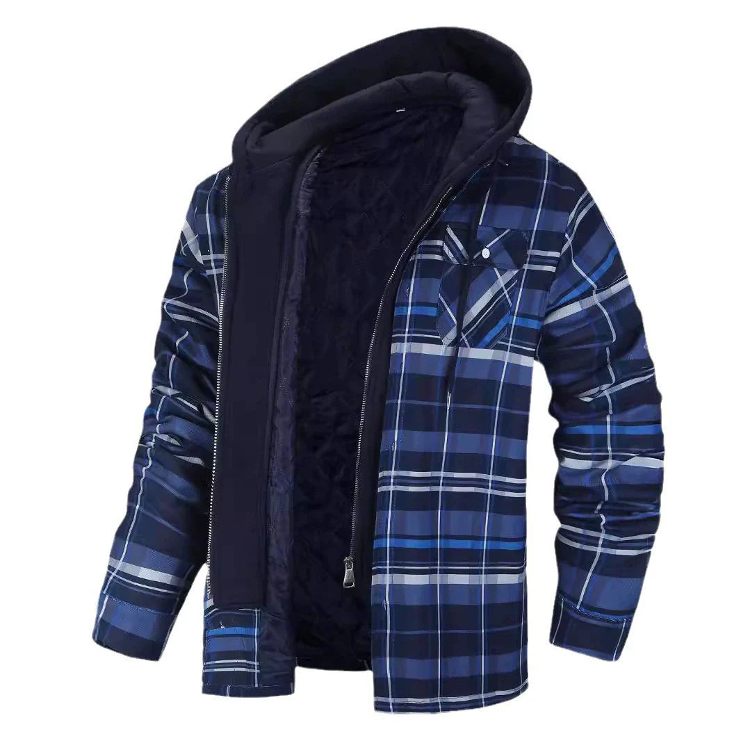 Men’s Jacket – Relaxed Fit – Plaid Pattern – Faux Layered – Sherpa Lined Hood
