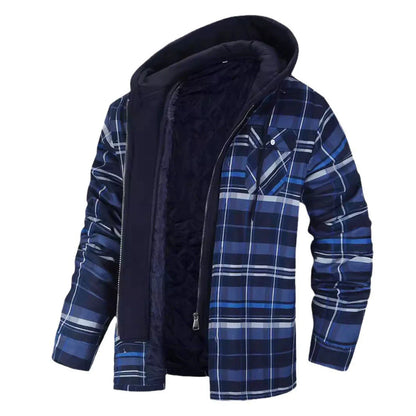 Men’s Jacket – Relaxed Fit – Plaid Pattern – Faux Layered – Sherpa Lined Hood