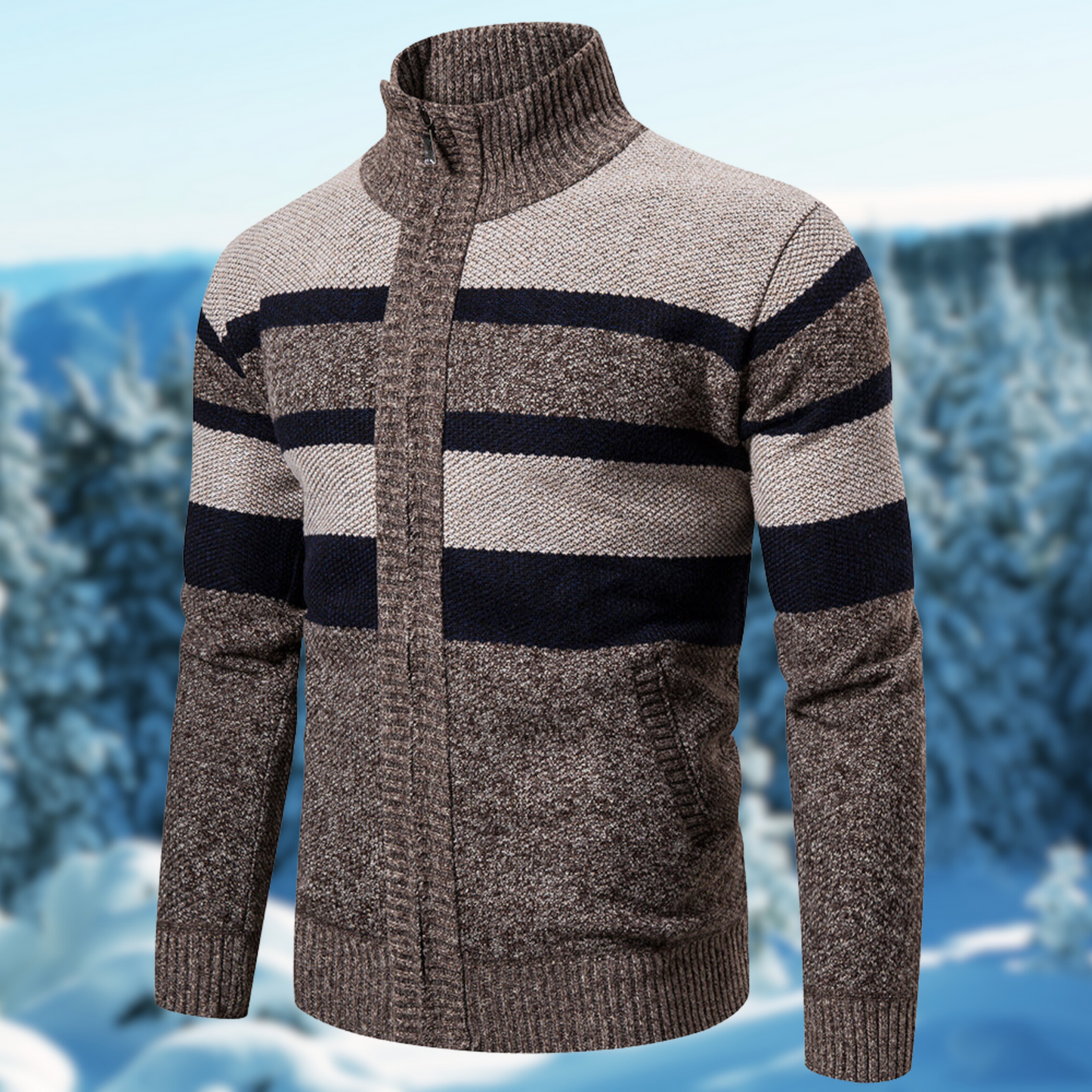 Men’s Knit Jacket – Regular Fit – Ribbed Mock Neck – Full Zip – Textured Stripes