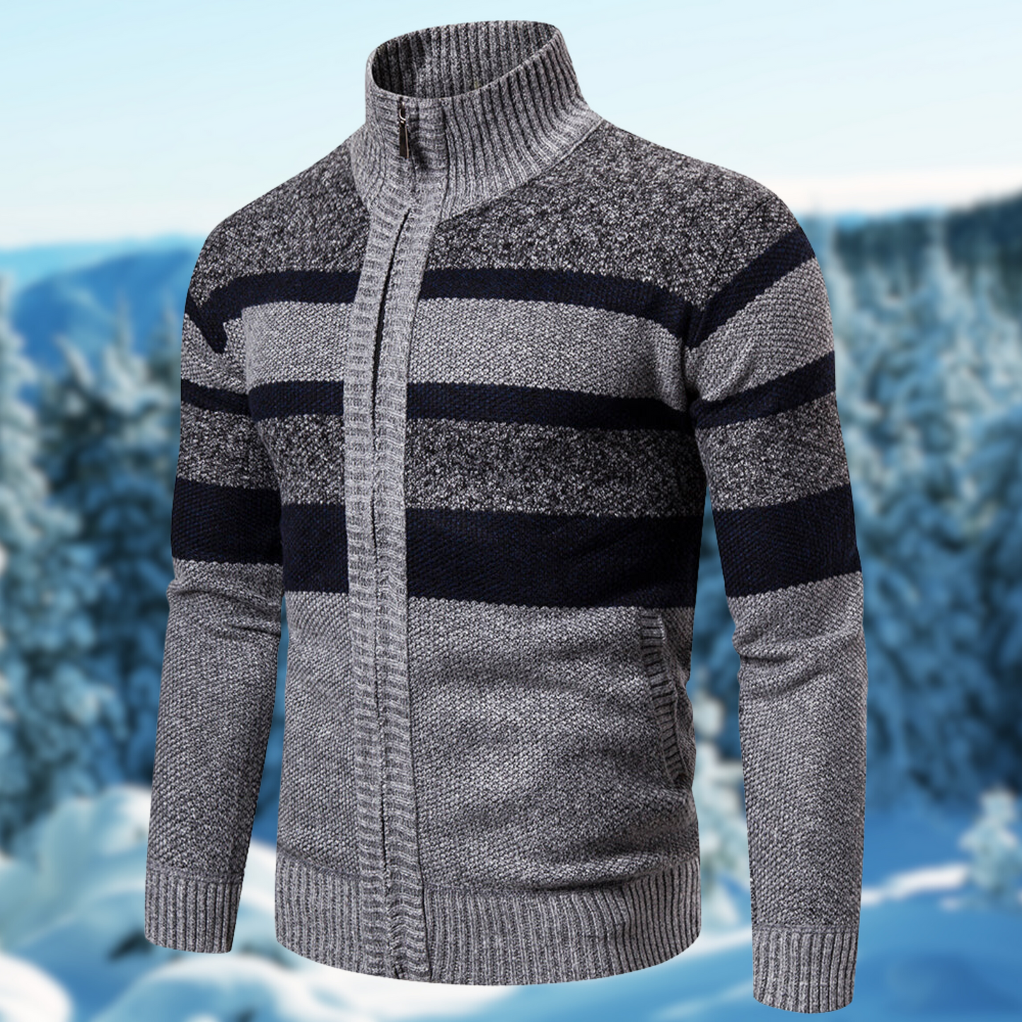 Men’s Knit Jacket – Regular Fit – Ribbed Mock Neck – Full Zip – Textured Stripes