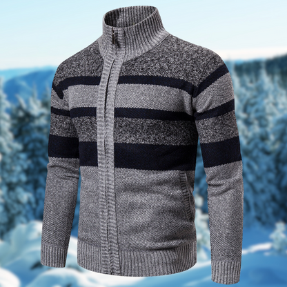 Men’s Knit Jacket – Regular Fit – Ribbed Mock Neck – Full Zip – Textured Stripes