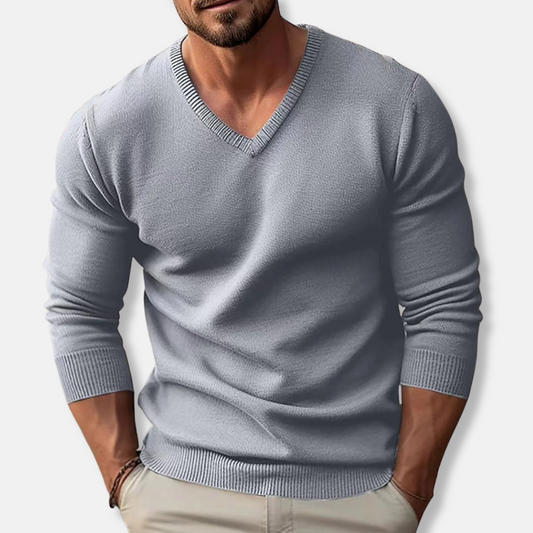 Men’s Knitted Sweater – Slim Fit – V-Neck – Long Sleeve – Soft Cotton Texture