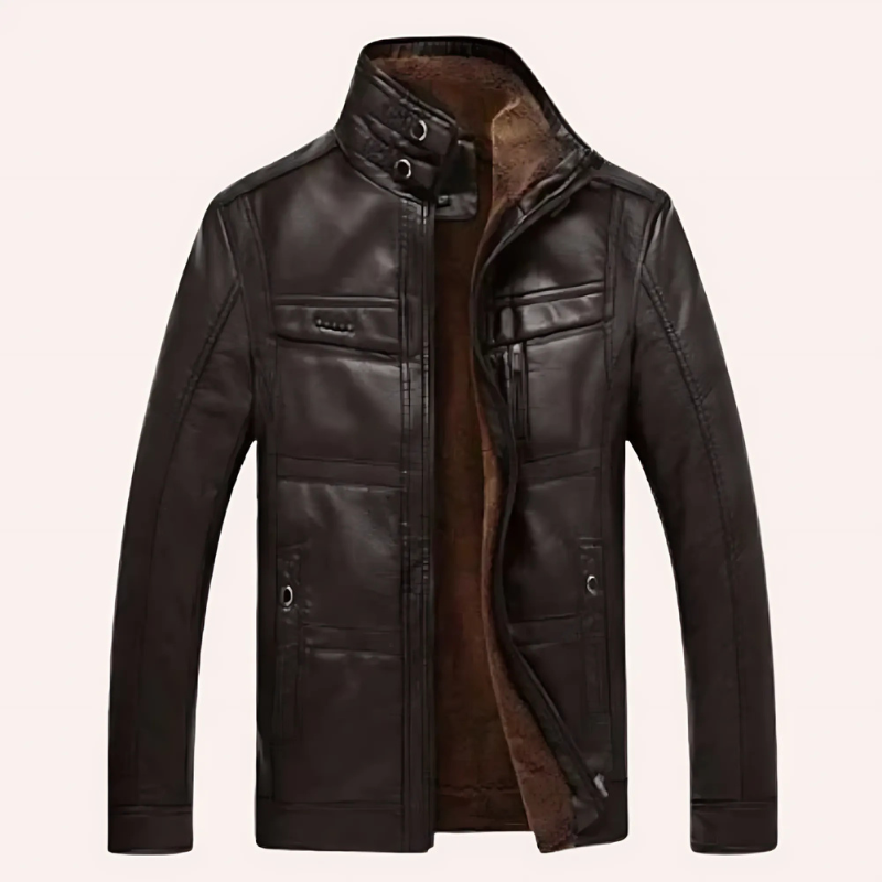 Men’s Leather Jacket – Slim Fit – High Collar – Insulated Lining – Multiple Pockets