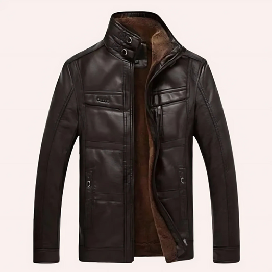 Men’s Leather Jacket – Slim Fit – High Collar – Insulated Lining – Multiple Pockets