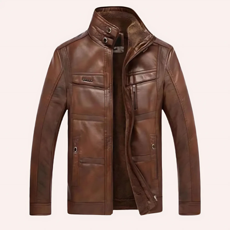 Men’s Leather Jacket – Slim Fit – High Collar – Insulated Lining – Multiple Pockets