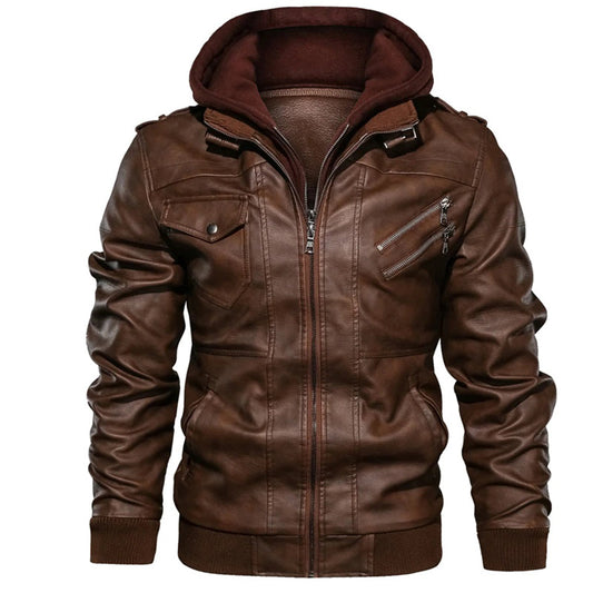 Men’s Leather Jacket – Tailored Fit – Detachable Hood – Zipper Pockets – Epaulettes