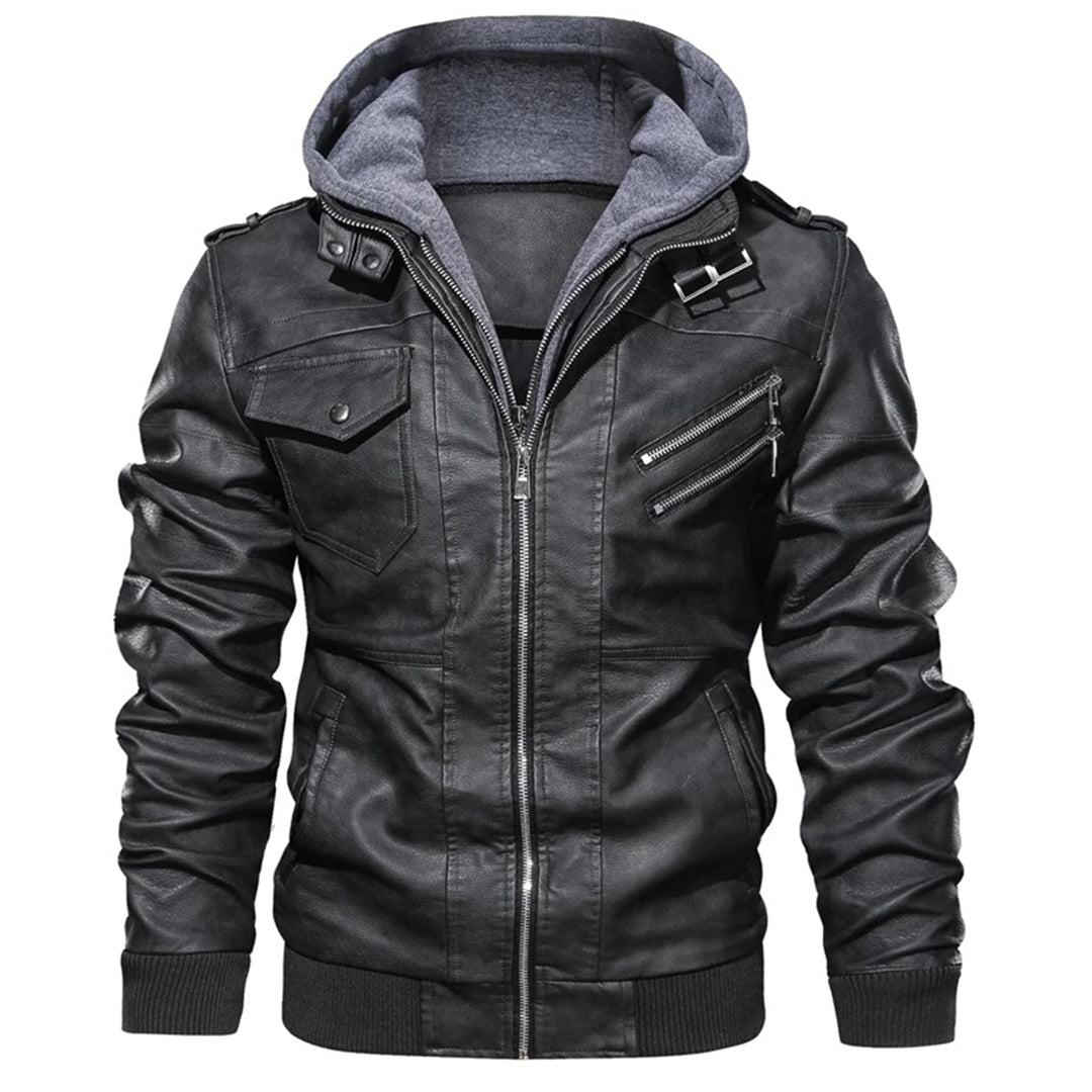 Men’s Leather Jacket – Tailored Fit – Detachable Hood – Zipper Pockets – Epaulettes