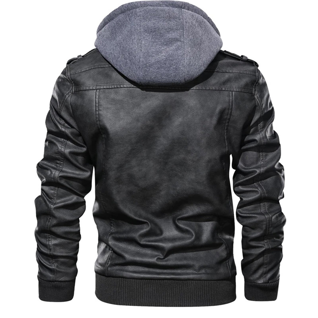 Men’s Leather Jacket – Tailored Fit – Detachable Hood – Zipper Pockets – Epaulettes