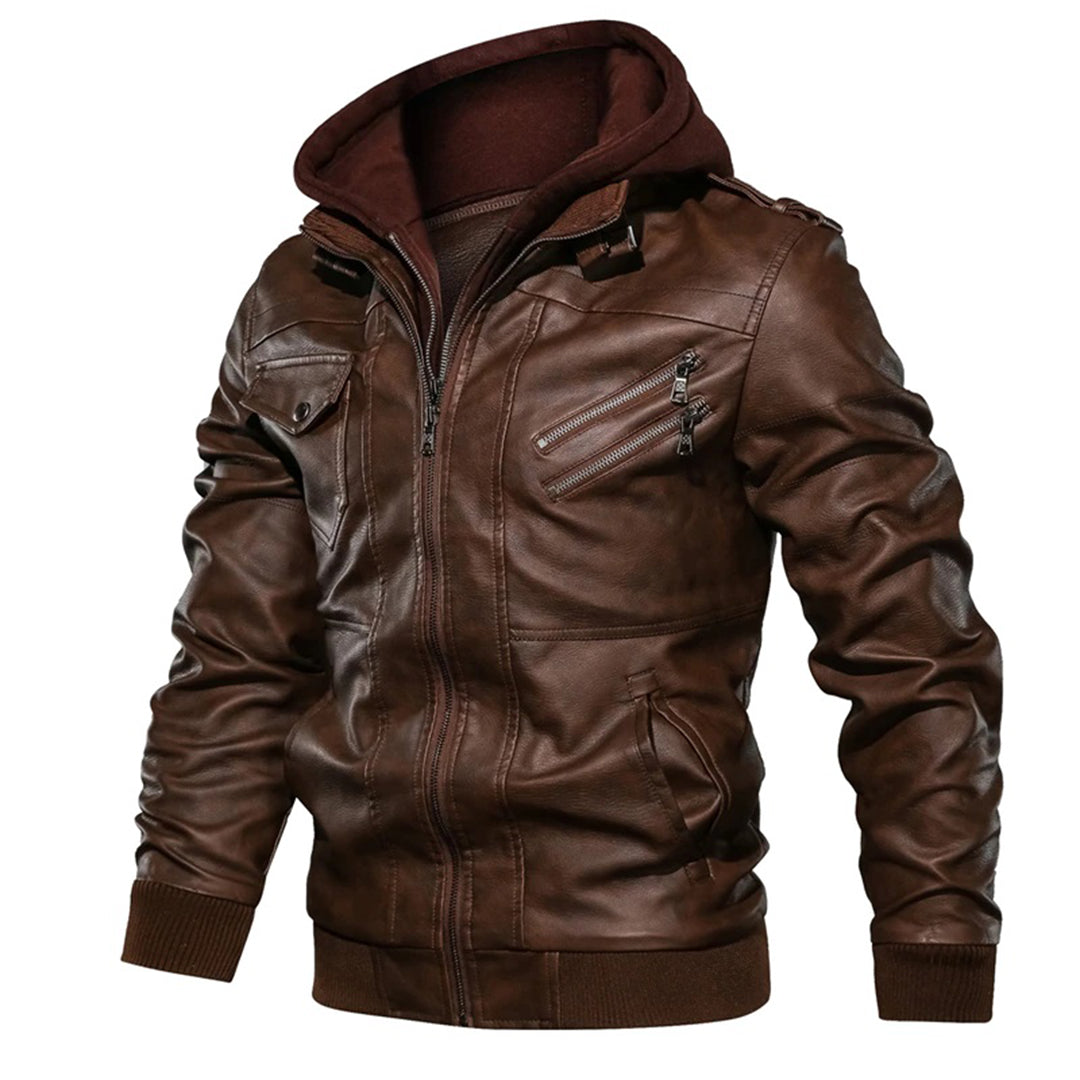 Men’s Leather Jacket – Tailored Fit – Detachable Hood – Zipper Pockets – Epaulettes