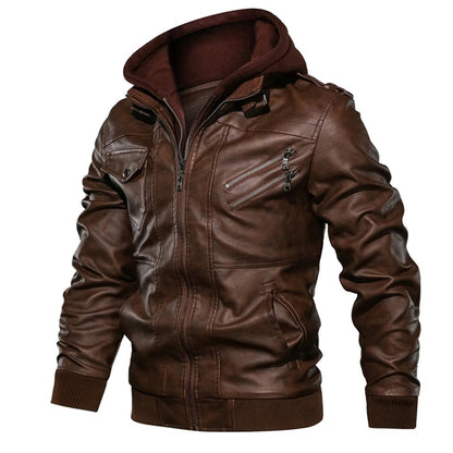 Men’s Leather Jacket – Tailored Fit – Detachable Hood – Zipper Pockets – Epaulettes