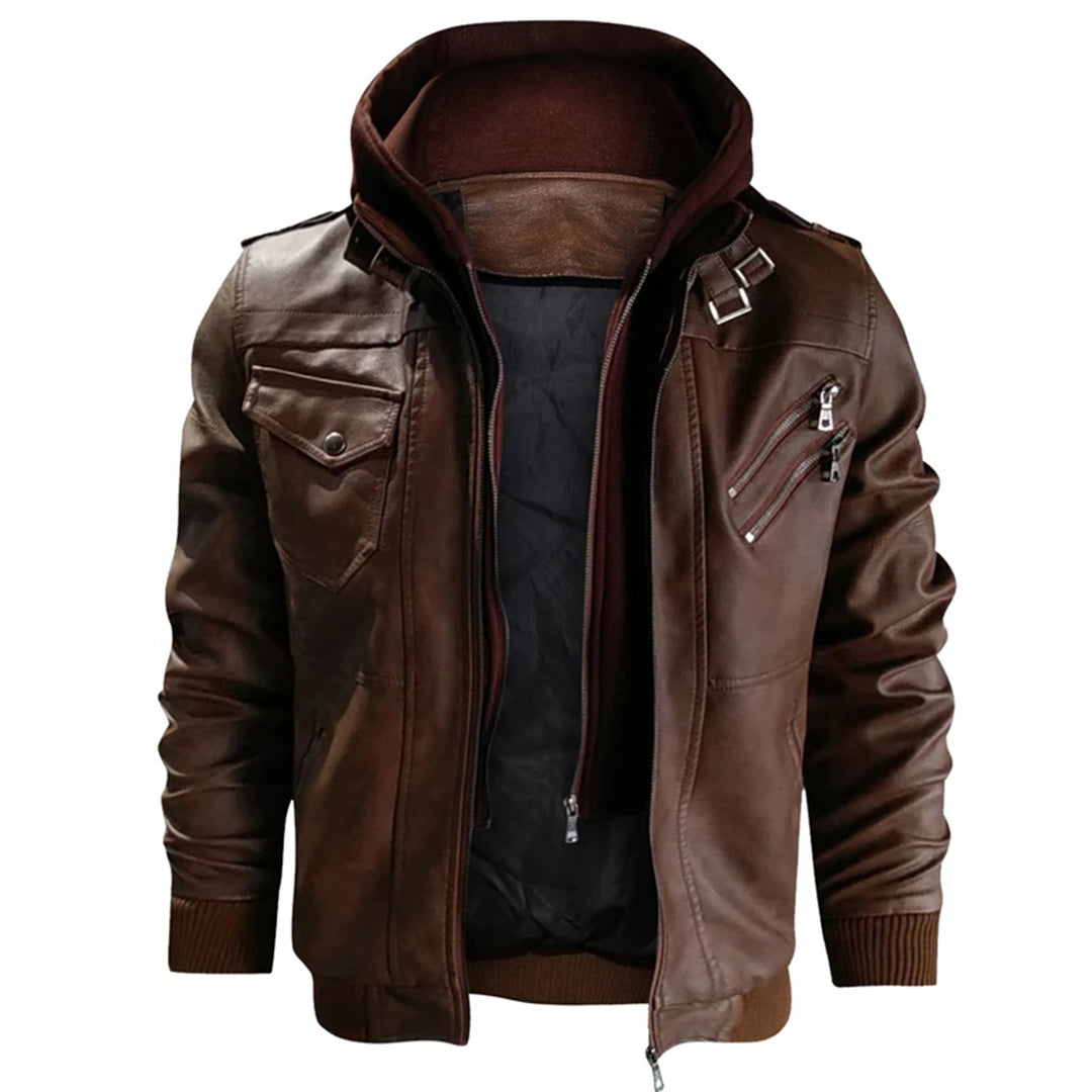 Men’s Leather Jacket – Tailored Fit – Detachable Hood – Zipper Pockets – Epaulettes