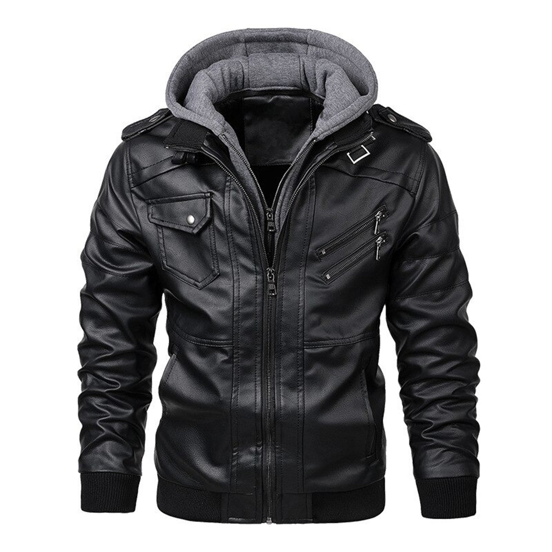 Men’s Leather Jacket – Tailored Fit – Detachable Hood – Zipper Pockets – Epaulettes