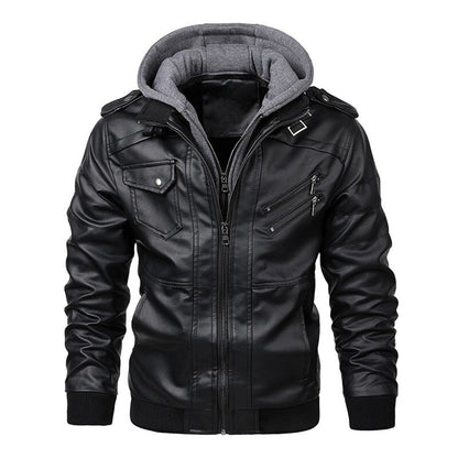 Men’s Leather Jacket – Tailored Fit – Detachable Hood – Zipper Pockets – Epaulettes