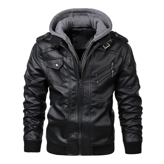 Men’s Leather Jacket – Tailored Fit – Detachable Hood – Zipper Pockets – Epaulettes