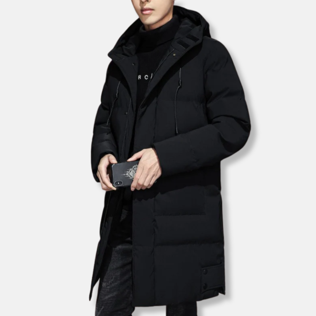 Men’s Long Coat – Quilted Insulating Fabric – Hooded – Ribbed Cuffs – Regular Fit