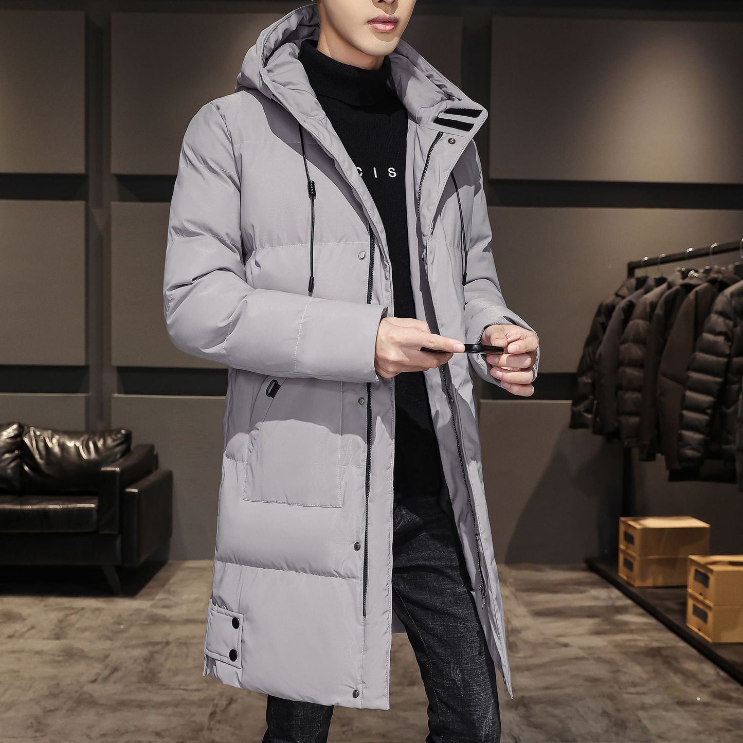 Men’s Long Coat – Quilted Insulating Fabric – Hooded – Ribbed Cuffs – Regular Fit