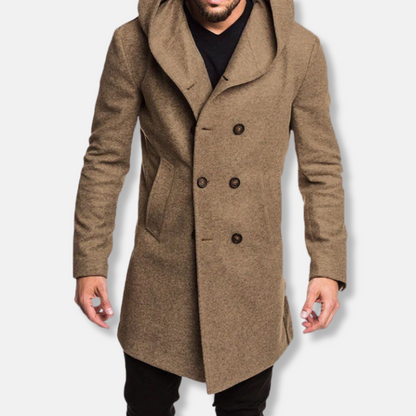 Men’s Long Coat – Slim Fit – Wool – Double-Breasted – Hooded Structured Style