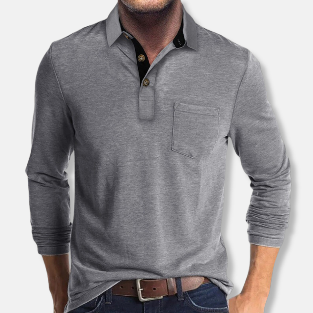 Men’s Long-Sleeve Polo Shirt – Regular Fit – Cotton Blend – Rib Cuffs – Patch Pocket