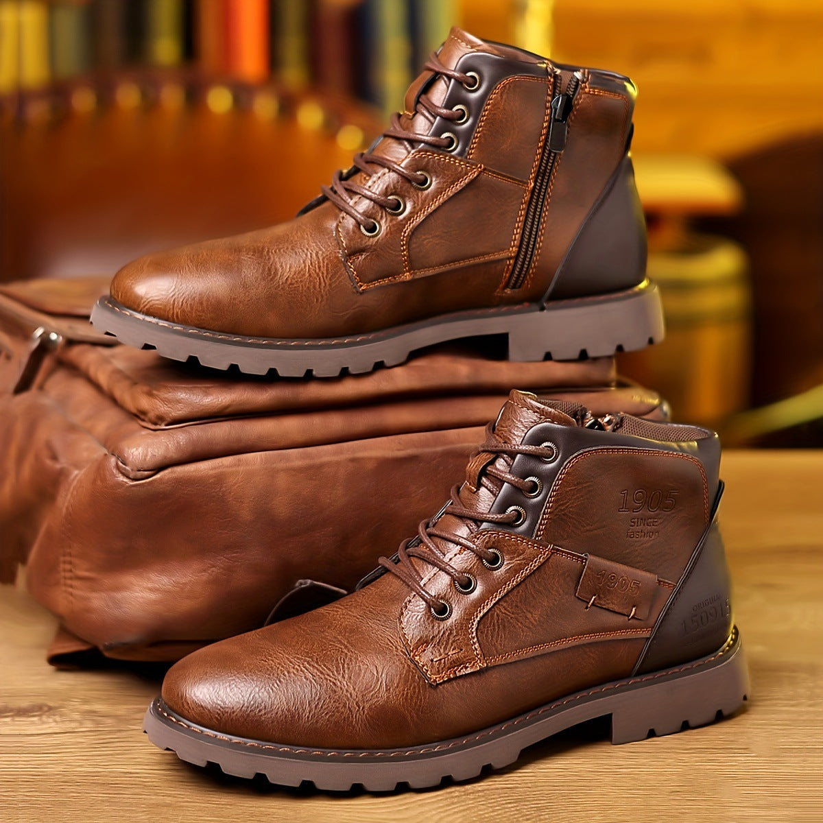 Men’s Mid-Calf Boots – Leather – Lace-Up with Side Zipper – Lugged Sole – Padded Ankle