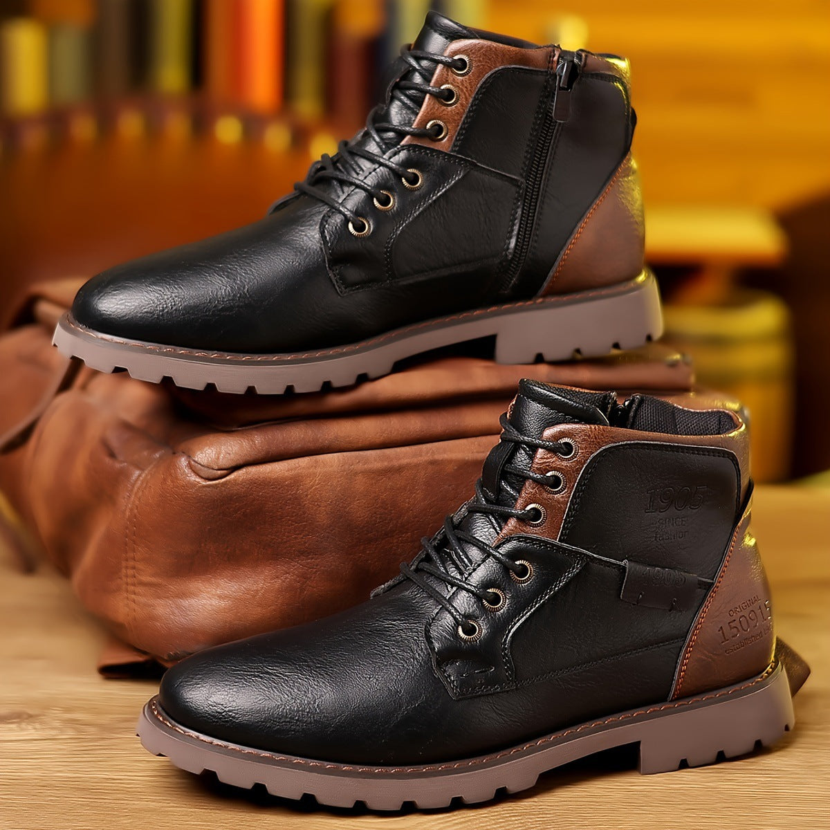 Men’s Mid-Calf Boots – Leather – Lace-Up with Side Zipper – Lugged Sole – Padded Ankle