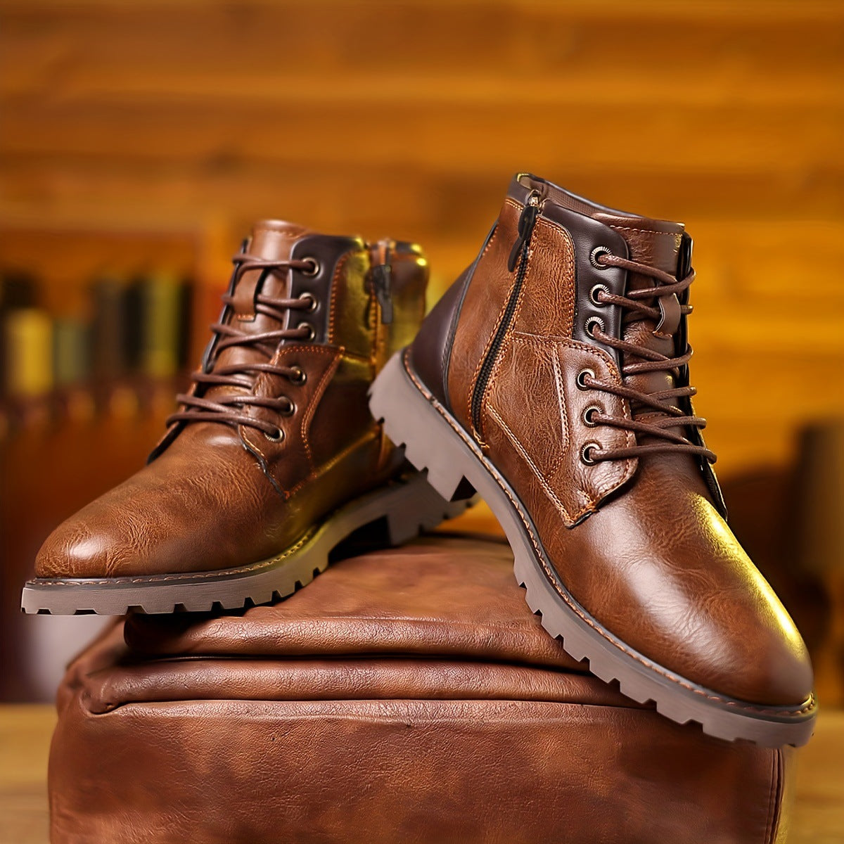 Men’s Mid-Calf Boots – Leather – Lace-Up with Side Zipper – Lugged Sole – Padded Ankle