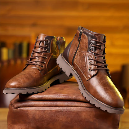 Men’s Mid-Calf Boots – Leather – Lace-Up with Side Zipper – Lugged Sole – Padded Ankle