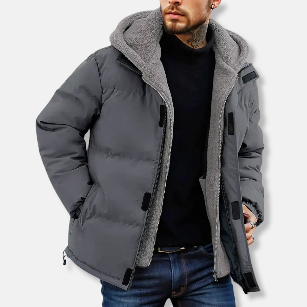 Men’s Puffer Jacket – Quilted Insulated Design – Fleece Lined Hood – Adjustable Fit