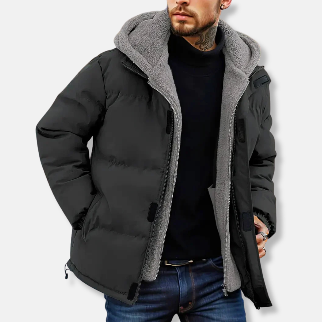 Men’s Puffer Jacket – Quilted Insulated Design – Fleece Lined Hood – Adjustable Fit