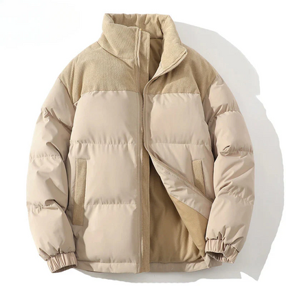 Men’s Puffer Jacket – Quilted Insulation – Ribbed Corduroy Trim – Relaxed Fit