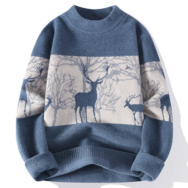 Men’s Pullover Sweater – Loose Fit – Wool Knit – Mock Neck – Deer Pattern – Ribbed Hem