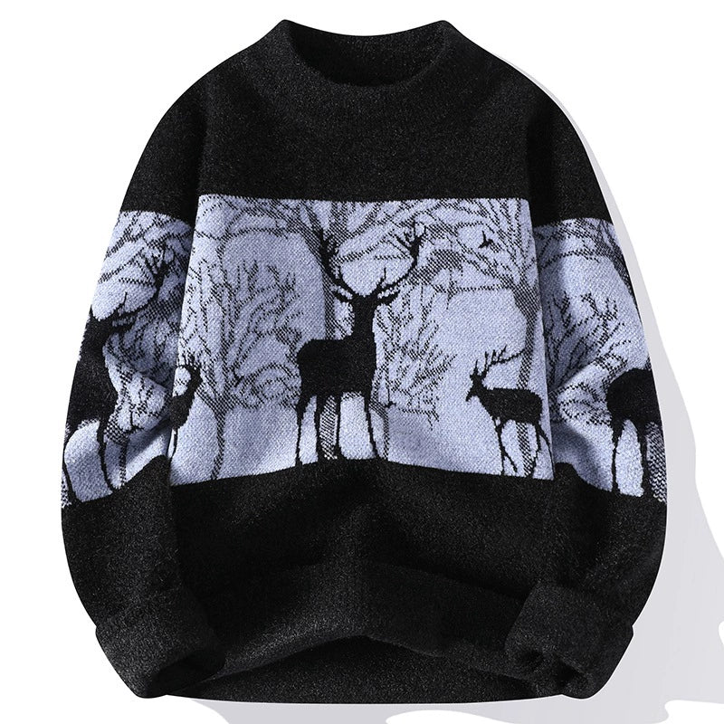 Men’s Pullover Sweater – Loose Fit – Wool Knit – Mock Neck – Deer Pattern – Ribbed Hem