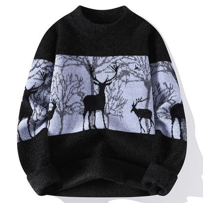 Men’s Pullover Sweater – Loose Fit – Wool Knit – Mock Neck – Deer Pattern – Ribbed Hem
