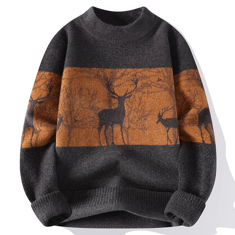 Men’s Pullover Sweater – Loose Fit – Wool Knit – Mock Neck – Deer Pattern – Ribbed Hem