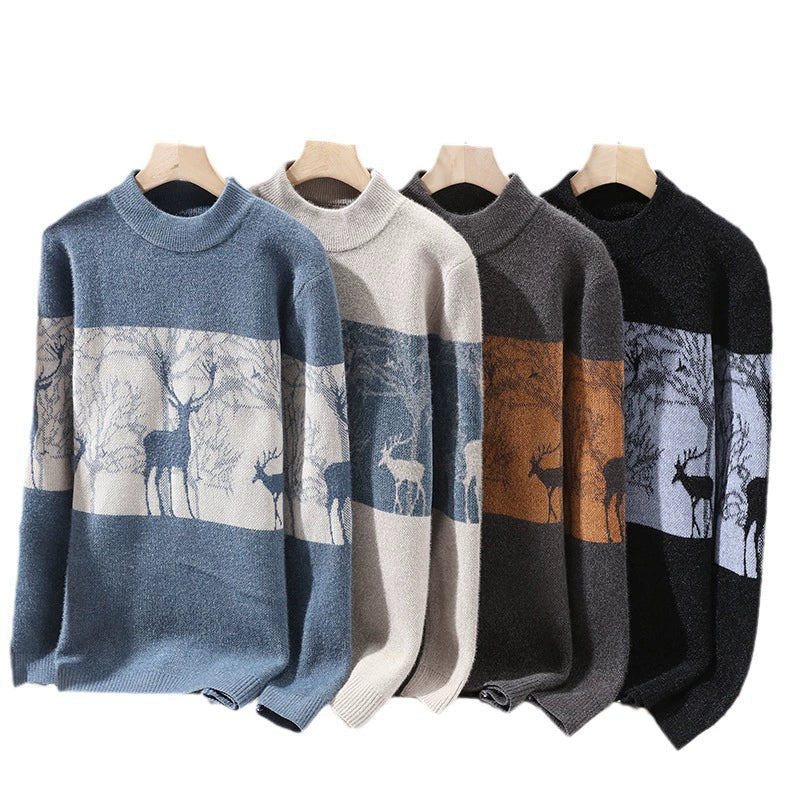 Men’s Pullover Sweater – Loose Fit – Wool Knit – Mock Neck – Deer Pattern – Ribbed Hem