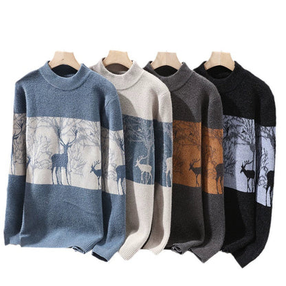 Men’s Pullover Sweater – Loose Fit – Wool Knit – Mock Neck – Deer Pattern – Ribbed Hem