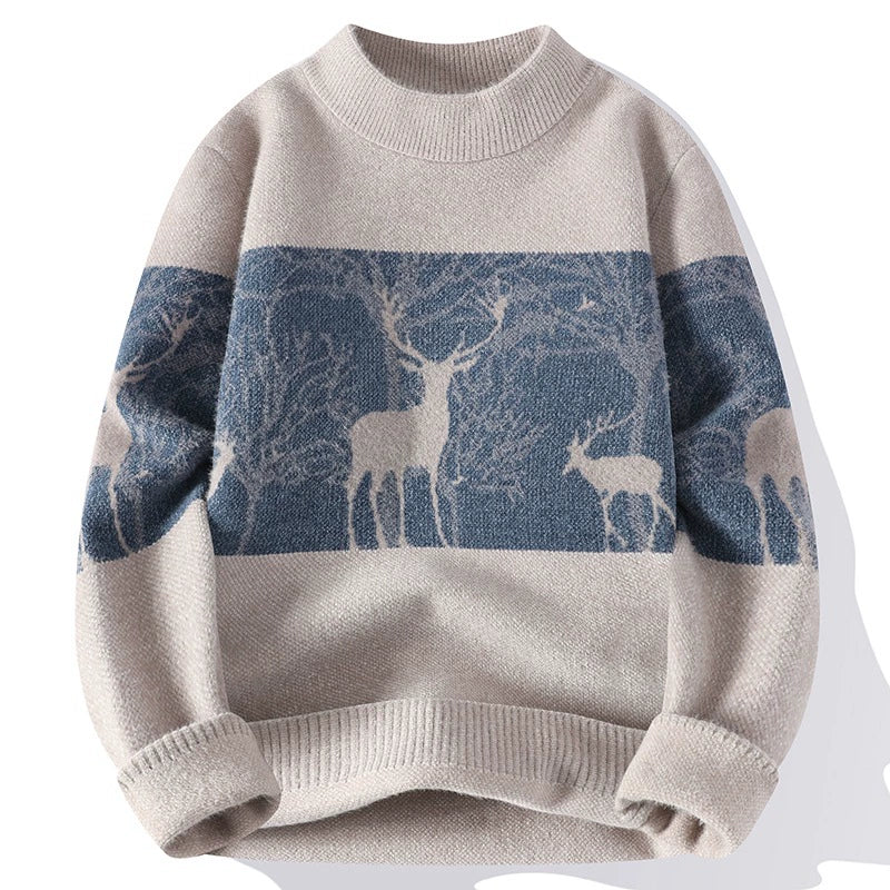Men’s Pullover Sweater – Loose Fit – Wool Knit – Mock Neck – Deer Pattern – Ribbed Hem