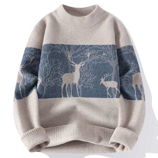 Men’s Pullover Sweater – Loose Fit – Wool Knit – Mock Neck – Deer Pattern – Ribbed Hem