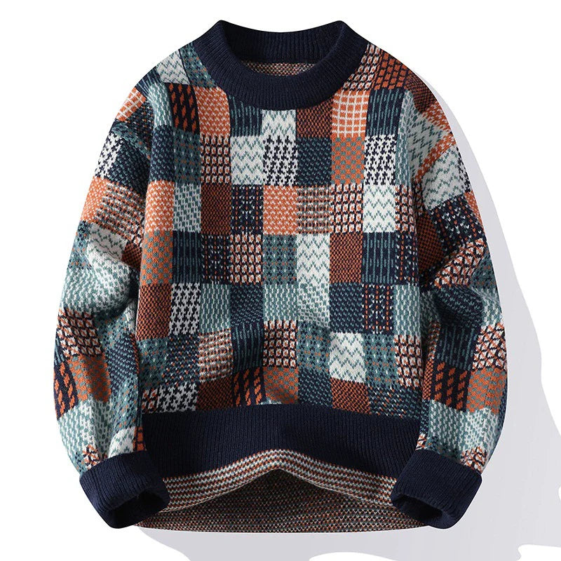 Men’s Pullover Sweater – Relaxed Fit – Knit Patchwork – Ribbed Crew Neck and Cuffs