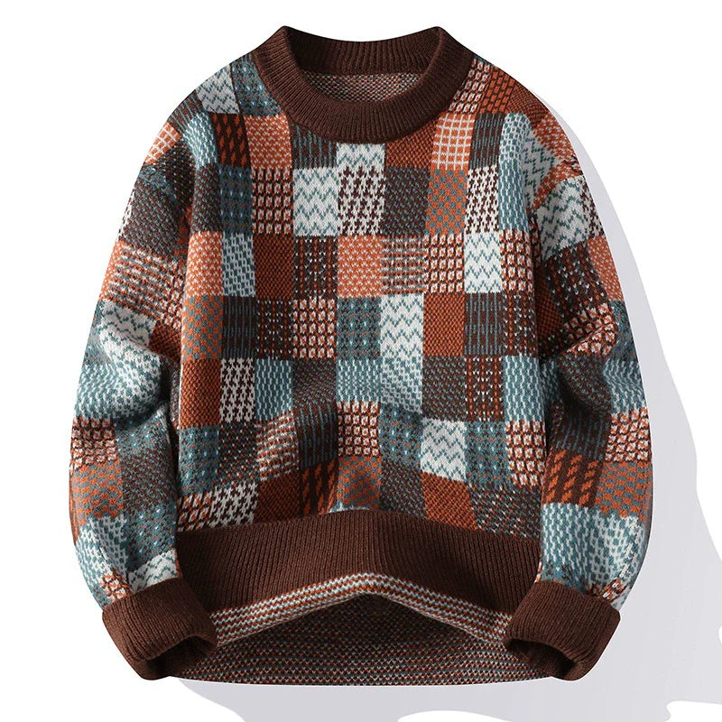 Men’s Pullover Sweater – Relaxed Fit – Knit Patchwork – Ribbed Crew Neck and Cuffs